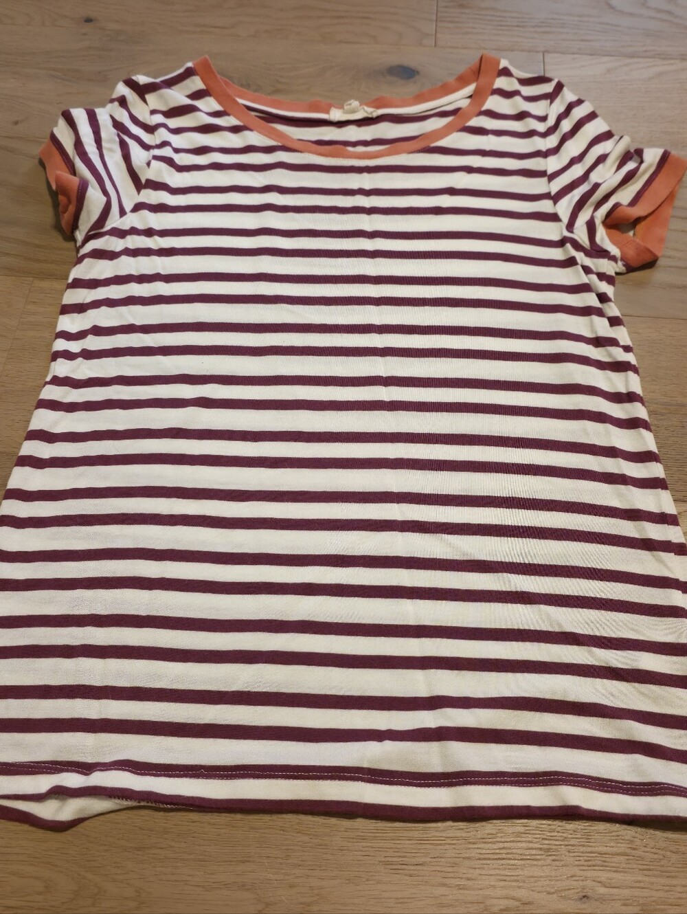 A Loves A Striped Short-Sleeve Tee in Cream and Burgundy with Orange Trim